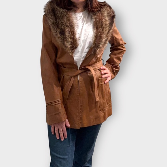 Vintage Late 1970s Split End Leather & Real Fur Belted Jacket - Picture 1 of 10